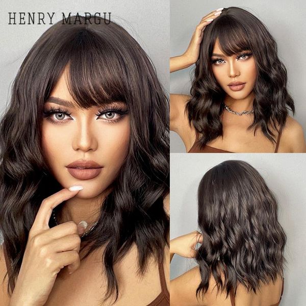 synthetic wigs henry margu medium long wavy ombre black brown bob with bangs for women cosplay heat resistant hair wig